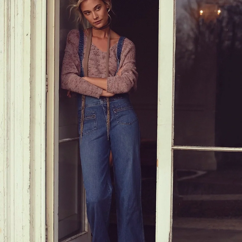 Free People Penrose High Waisted Denim Overalls - Picture 1 of 12